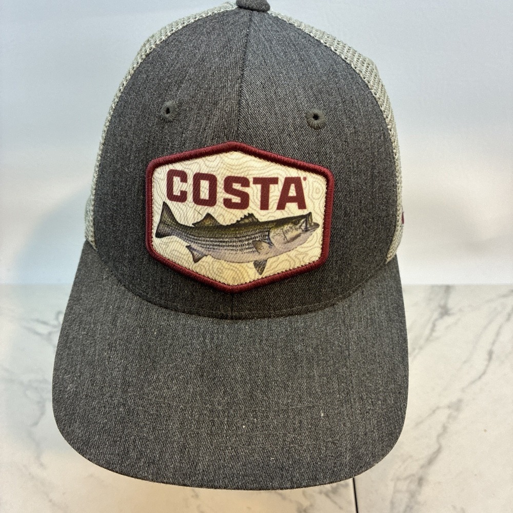 Costa Gray and White Mesh Back Fishing Hat with Fish Patch Trucker Hat
